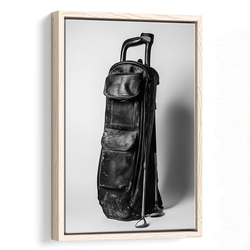 Vintage Old Golf Bag, Black and White, Golf Art Print, Floating Frame, Framed Canvas Print Wall Art