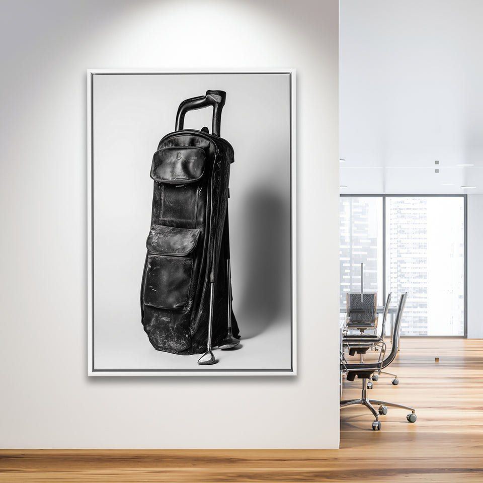 Vintage Old Golf Bag, Black and White, Golf Art Print, Floating Frame, Framed Canvas Print Wall Art