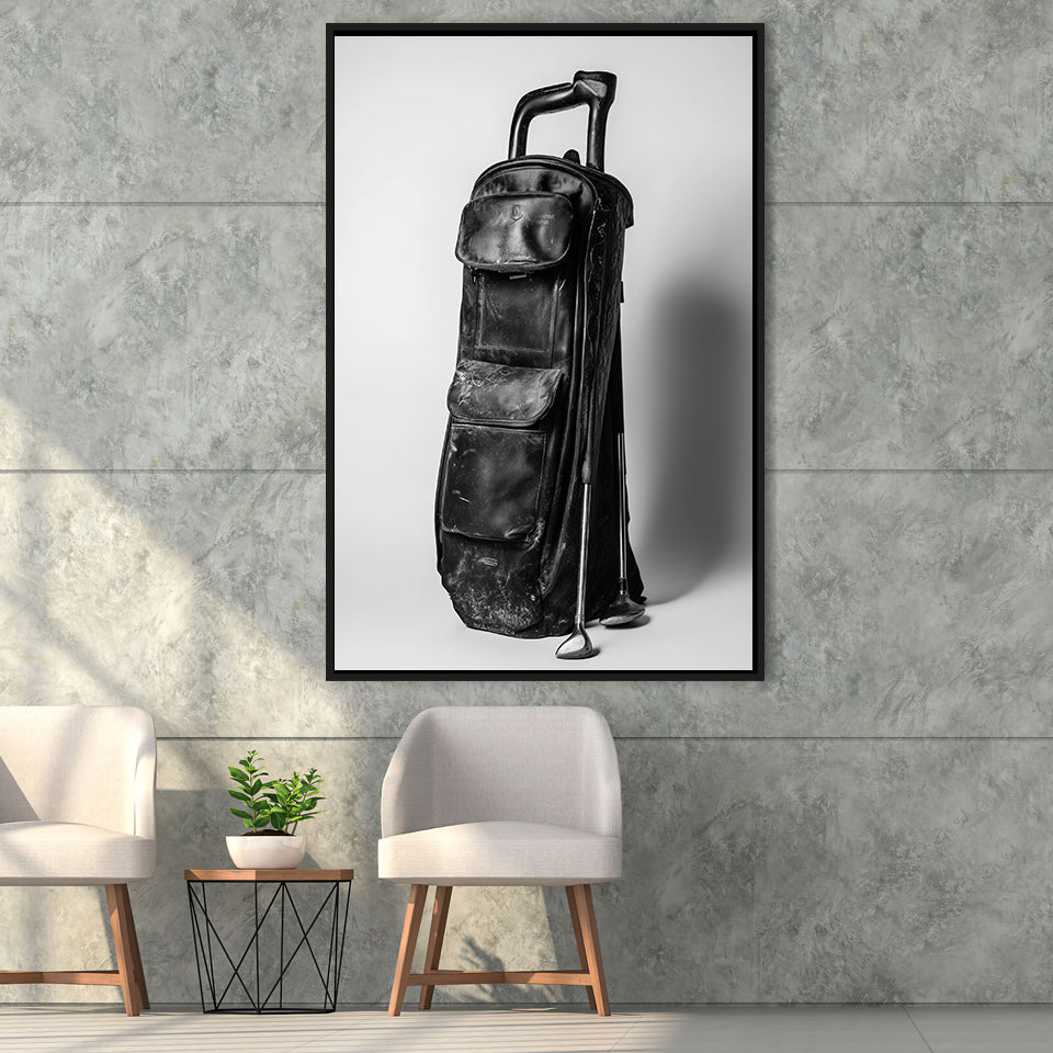 Vintage Old Golf Bag, Black and White, Golf Art Print, Floating Frame, Framed Canvas Print Wall Art