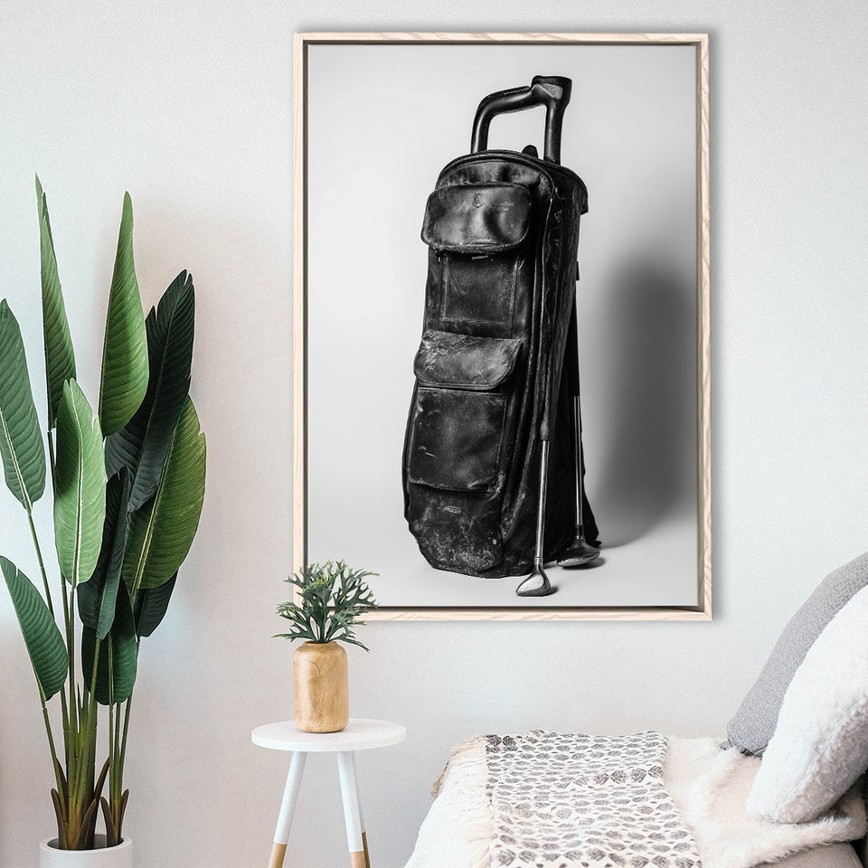 Vintage Old Golf Bag, Black and White, Golf Art Print, Floating Frame, Framed Canvas Print Wall Art