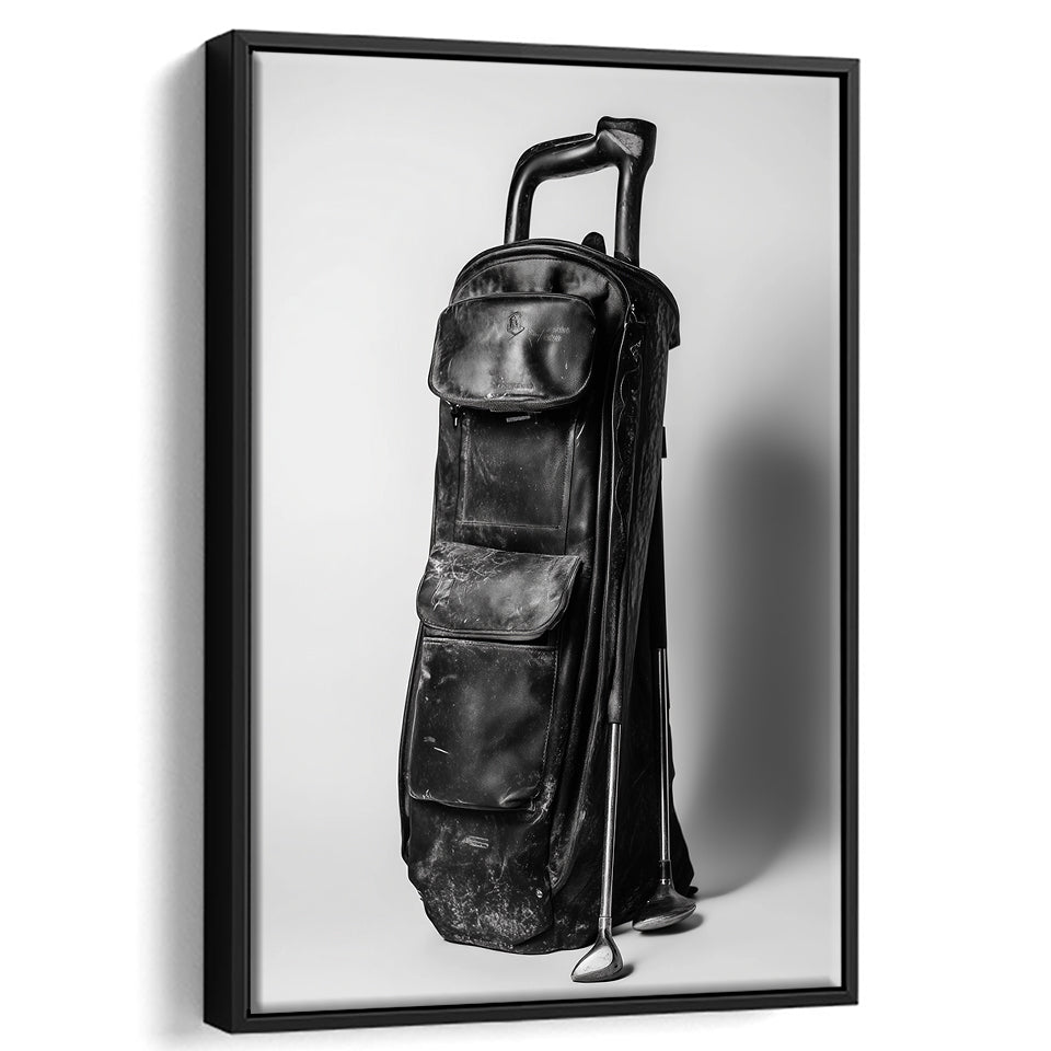 Vintage Old Golf Bag, Black and White, Golf Art Print, Floating Frame, Framed Canvas Print Wall Art