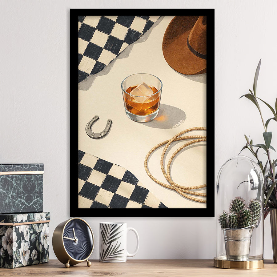 Vintage Western Cowboy Wall Art Print, Rustic Ranch Whiskey Still Life, Framed Art Print, Fine Art Wall Decor