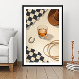 Vintage Western Cowboy Wall Art Print, Rustic Ranch Whiskey Still Life, Framed Art Print White Border