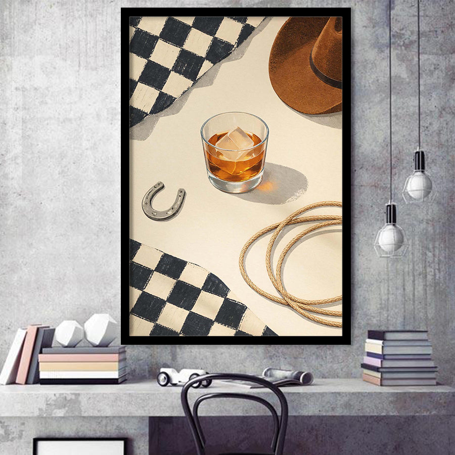 Vintage Western Cowboy Wall Art Print, Rustic Ranch Whiskey Still Life, Framed Art Print, Fine Art Wall Decor