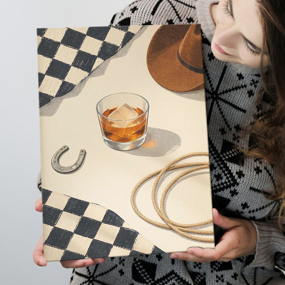Vintage Western Cowboy Wall Art Print, Rustic Ranch Whiskey Still Life, Canvas Print Wall Art, Wall Decor