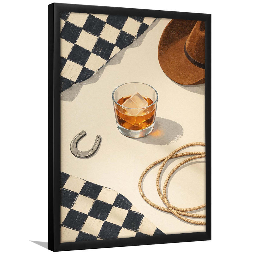 Vintage Western Cowboy Wall Art Print, Rustic Ranch Whiskey Still Life, Framed Art Print, Fine Art Wall Decor