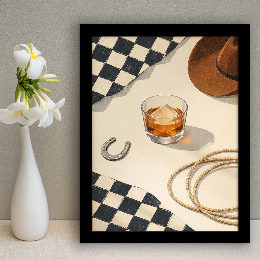 Vintage Western Cowboy Wall Art Print, Rustic Ranch Whiskey Still Life, Framed Art Print, Fine Art Wall Decor