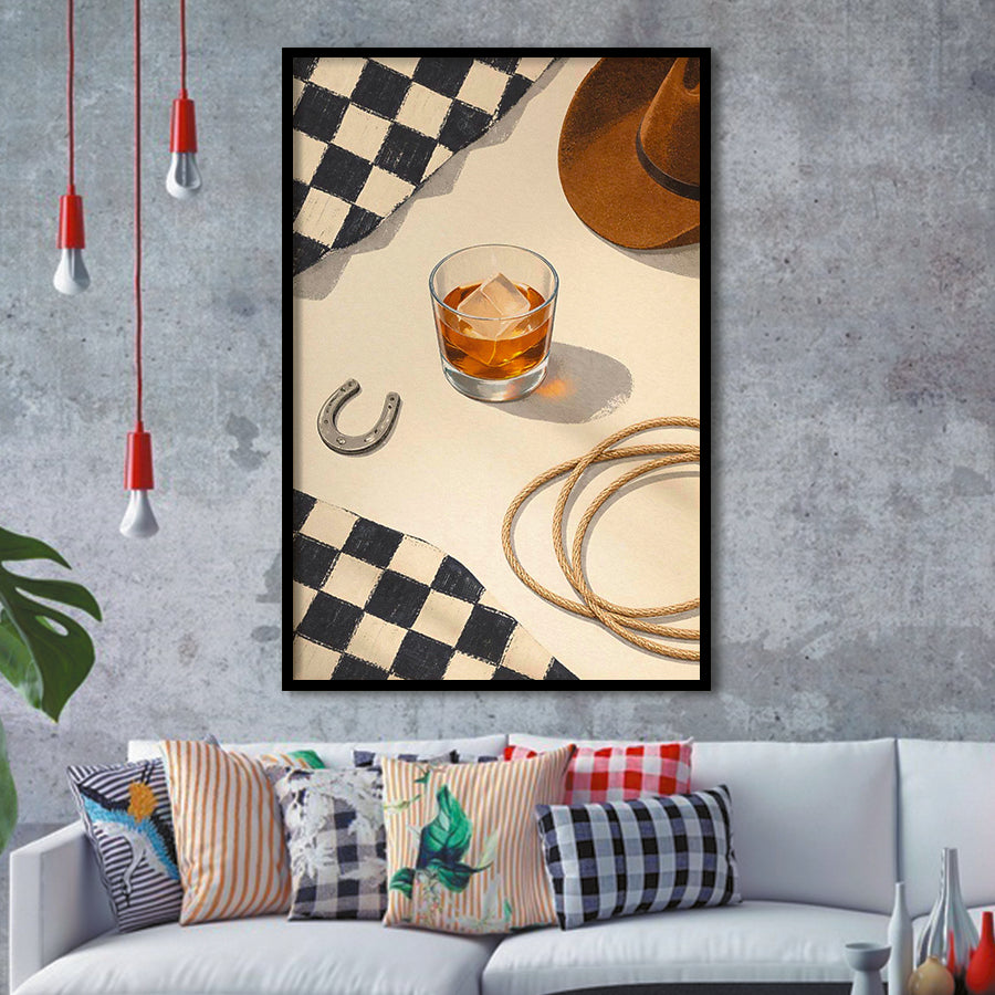 Vintage Western Cowboy Wall Art Print, Rustic Ranch Whiskey Still Life, Framed Art Print, Fine Art Wall Decor