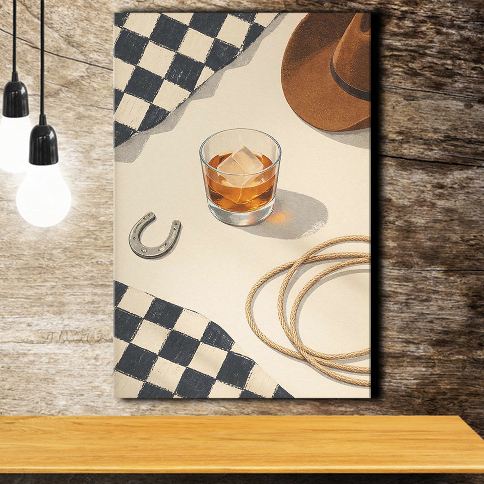 Vintage Western Cowboy Wall Art Print, Rustic Ranch Whiskey Still Life, Canvas Print Wall Art, Wall Decor