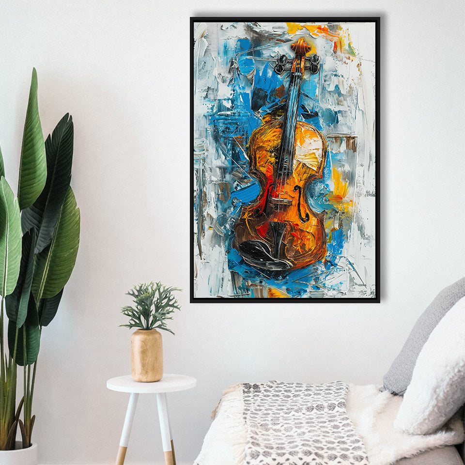 Violin Oil Painting Mixed Color Art, Framed Canvas Prints Wall Art Decor, Floarting Frame Painting Canvas Art