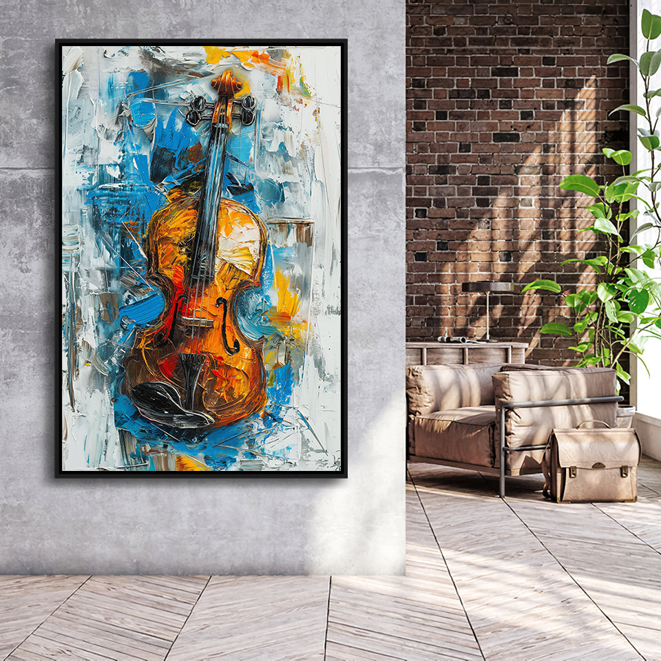 Violin Oil Painting Mixed Color Art, Framed Canvas Prints Wall Art Decor, Floarting Frame Painting Canvas Art