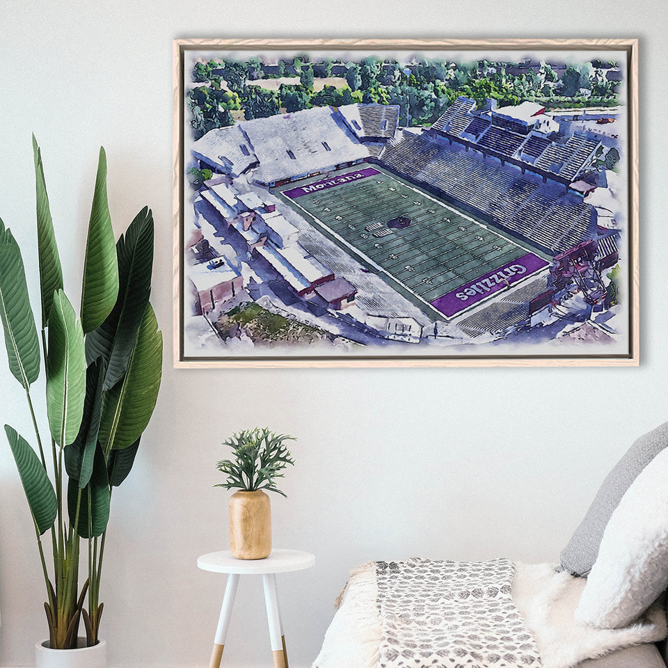 Washington-Grizzly Stadium WaterColor Framed Canvas Prints, Missoula Montana Watercolor, Stadium Art Gifts, Floating Frame