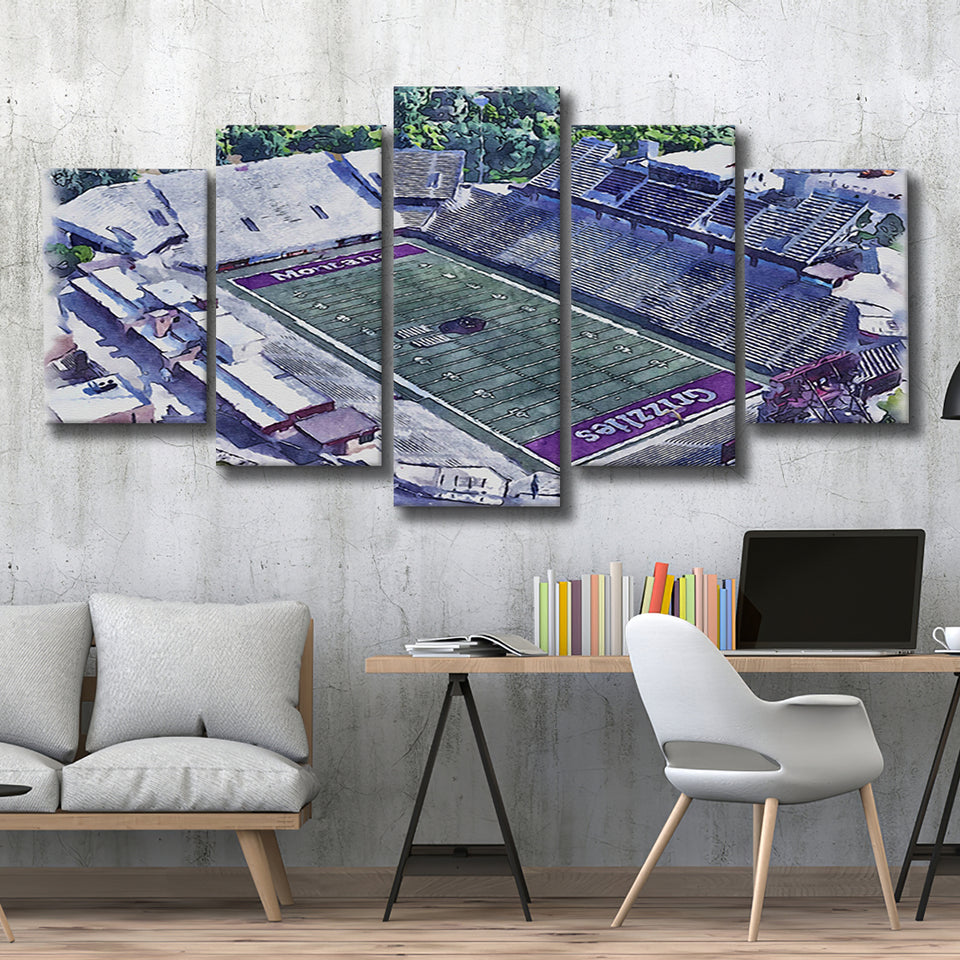 Washington-Grizzly Stadium WaterColor 5 Panels Mix Canvas Prints, Missoula Montana Watercolor, Large Stadium Canvas