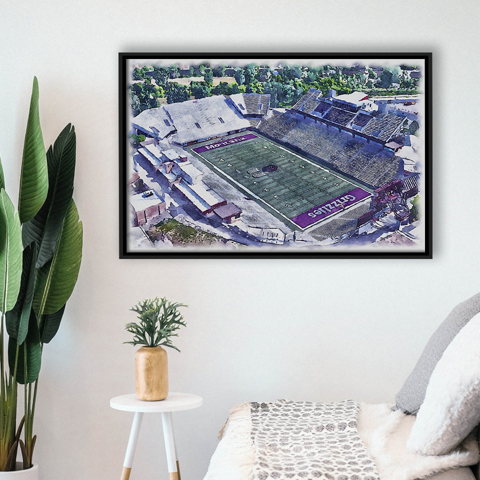 Washington-Grizzly Stadium WaterColor Framed Canvas Prints, Missoula Montana Watercolor, Stadium Art Gifts, Floating Frame