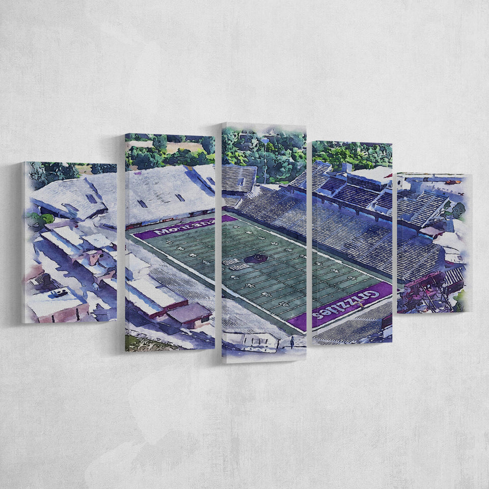 Washington-Grizzly Stadium WaterColor 5 Panels Mix Canvas Prints, Missoula Montana Watercolor, Large Stadium Canvas