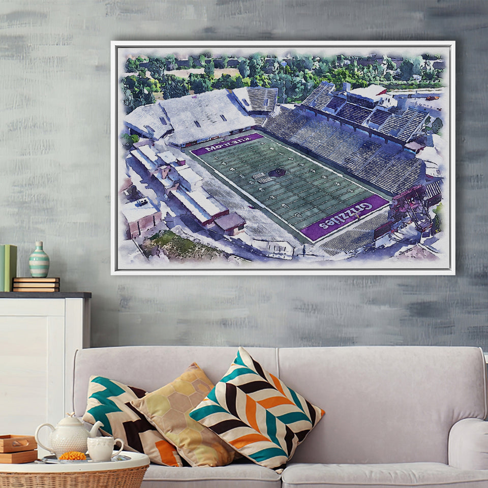 Washington-Grizzly Stadium WaterColor Framed Canvas Prints, Missoula Montana Watercolor, Stadium Art Gifts, Floating Frame