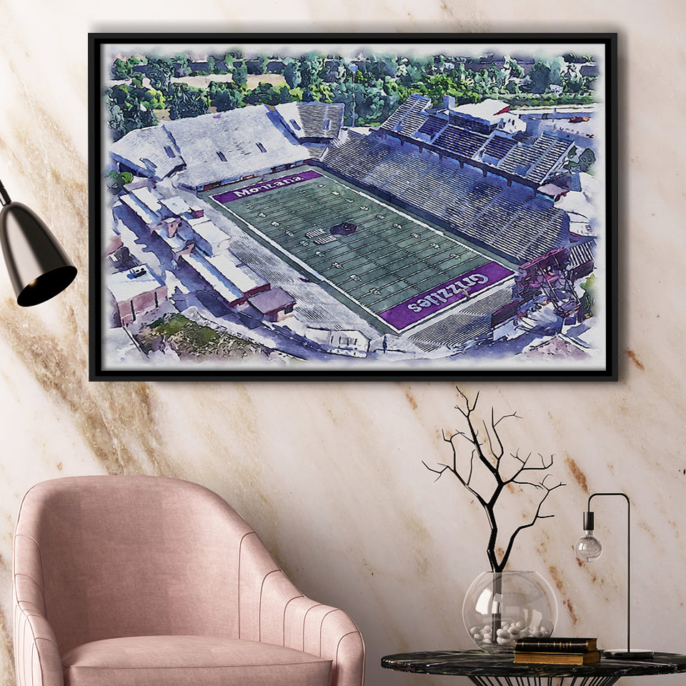 Washington-Grizzly Stadium WaterColor Framed Canvas Prints, Missoula Montana Watercolor, Stadium Art Gifts, Floating Frame