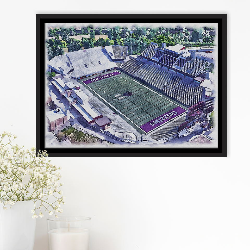 Washington-Grizzly Stadium WaterColor Framed Canvas Prints, Missoula Montana Watercolor, Stadium Art Gifts, Floating Frame