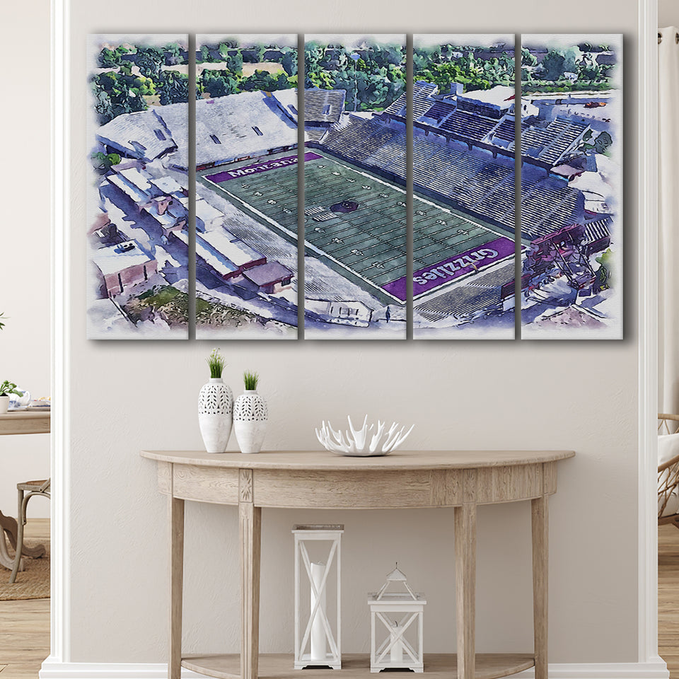 Washington-Grizzly Stadium WaterColor 5 Panels B Mixed Canvas Prints, Extra Large, Missoula Montana Watercolor