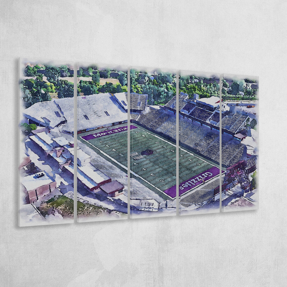 Washington-Grizzly Stadium WaterColor 5 Panels B Mixed Canvas Prints, Extra Large, Missoula Montana Watercolor