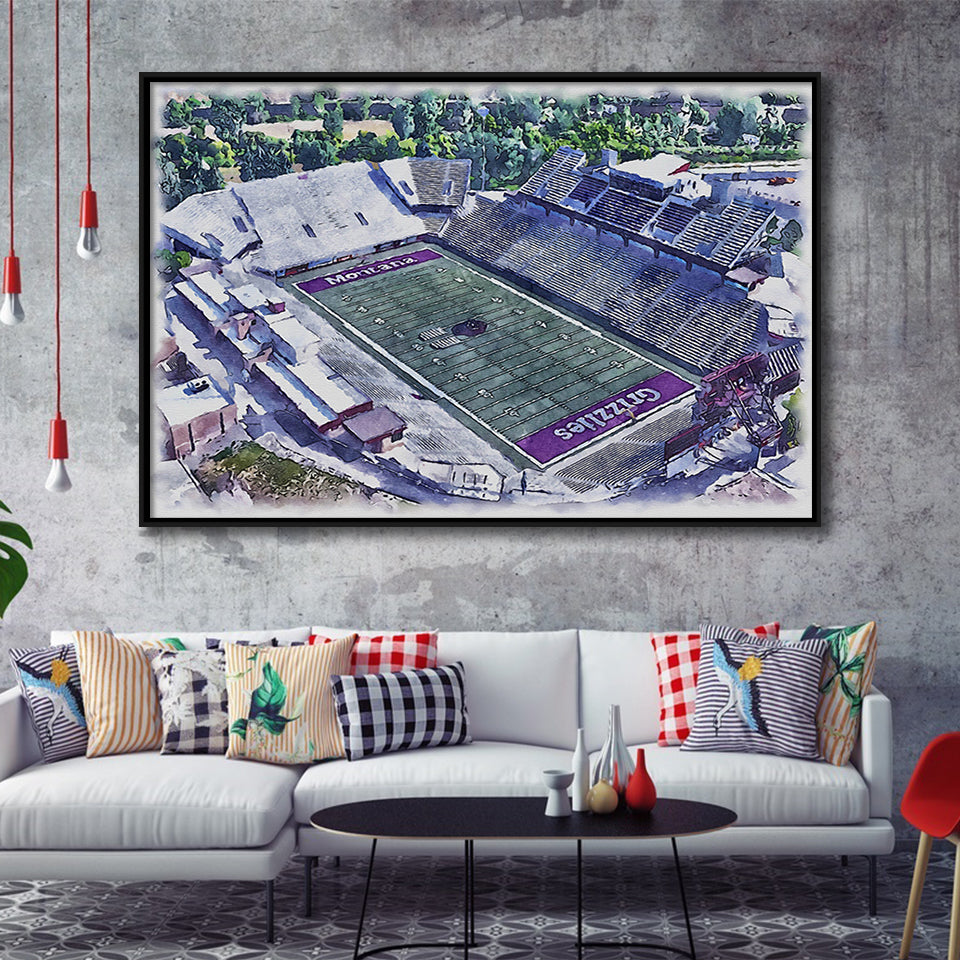 Washington-Grizzly Stadium WaterColor Framed Canvas Prints, Missoula Montana Watercolor, Stadium Art Gifts, Floating Frame