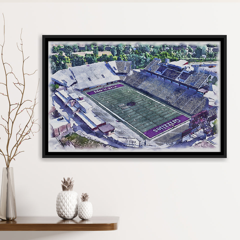 Washington-Grizzly Stadium WaterColor Framed Canvas Prints, Missoula Montana Watercolor, Stadium Art Gifts, Floating Frame