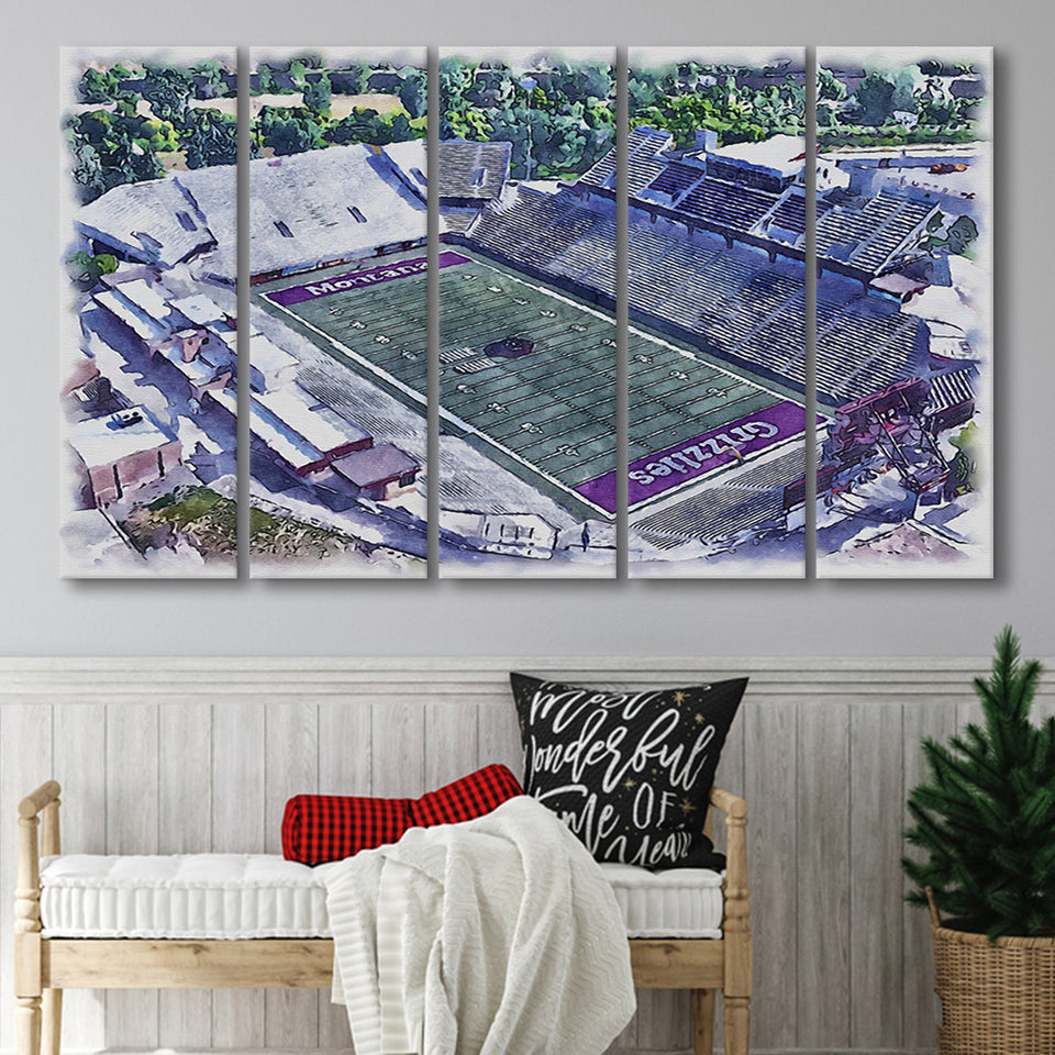 Washington-Grizzly Stadium WaterColor 5 Panels B Mixed Canvas Prints, Extra Large, Missoula Montana Watercolor