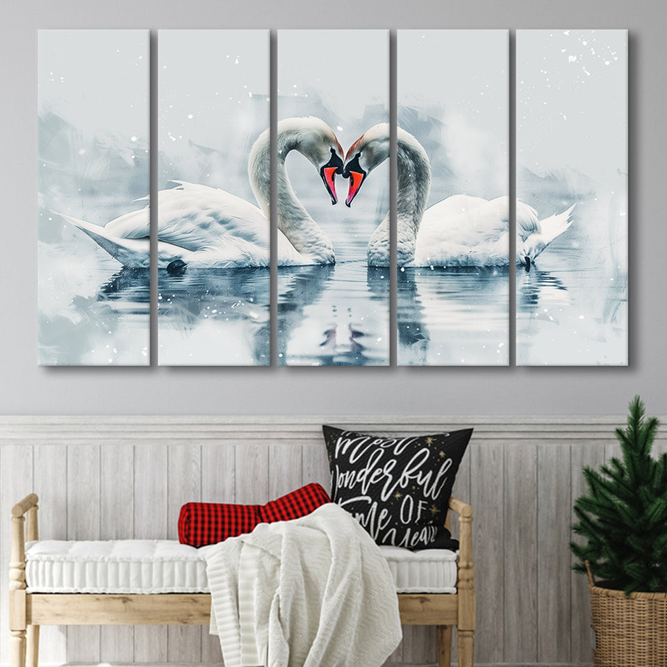 Watercolor A Couple Swans Painting Art, Mixed 5 Panel B Canvas Print Wall Art Decor, Extra Large Painting Canvas