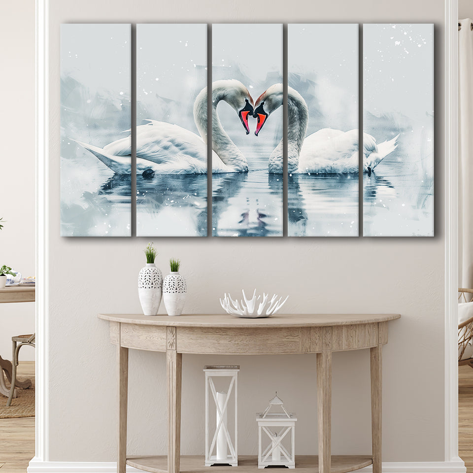 Watercolor A Couple Swans Painting Art, Mixed 5 Panel B Canvas Print Wall Art Decor, Extra Large Painting Canvas