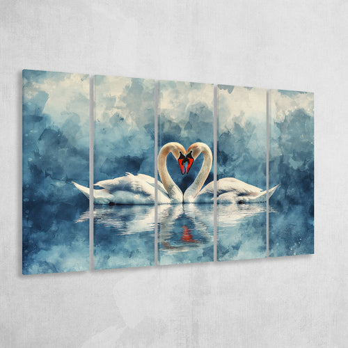 Watercolor Couple Swans Lake, Mixed 5 Panel B Canvas Print Wall Art Decor, Extra Large Painting Canvas