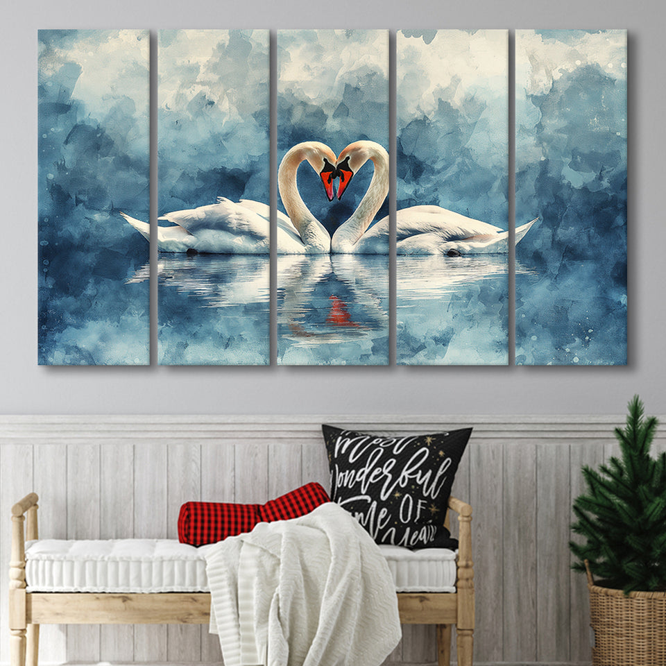 Watercolor Couple Swans Lake, Mixed 5 Panel B Canvas Print Wall Art Decor, Extra Large Painting Canvas