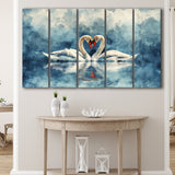 Watercolor Couple Swans Lake, Mixed 5 Panel B Canvas Print Wall Art Decor, Extra Large Painting Canvas