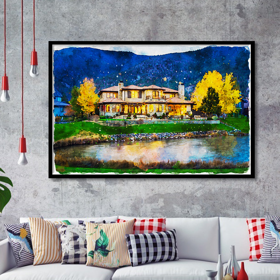 Watercolor Genoa Lakes Ranch Golf Course Light Night, Golf Art, Gift for him, Framed Art Prints Wall Decor