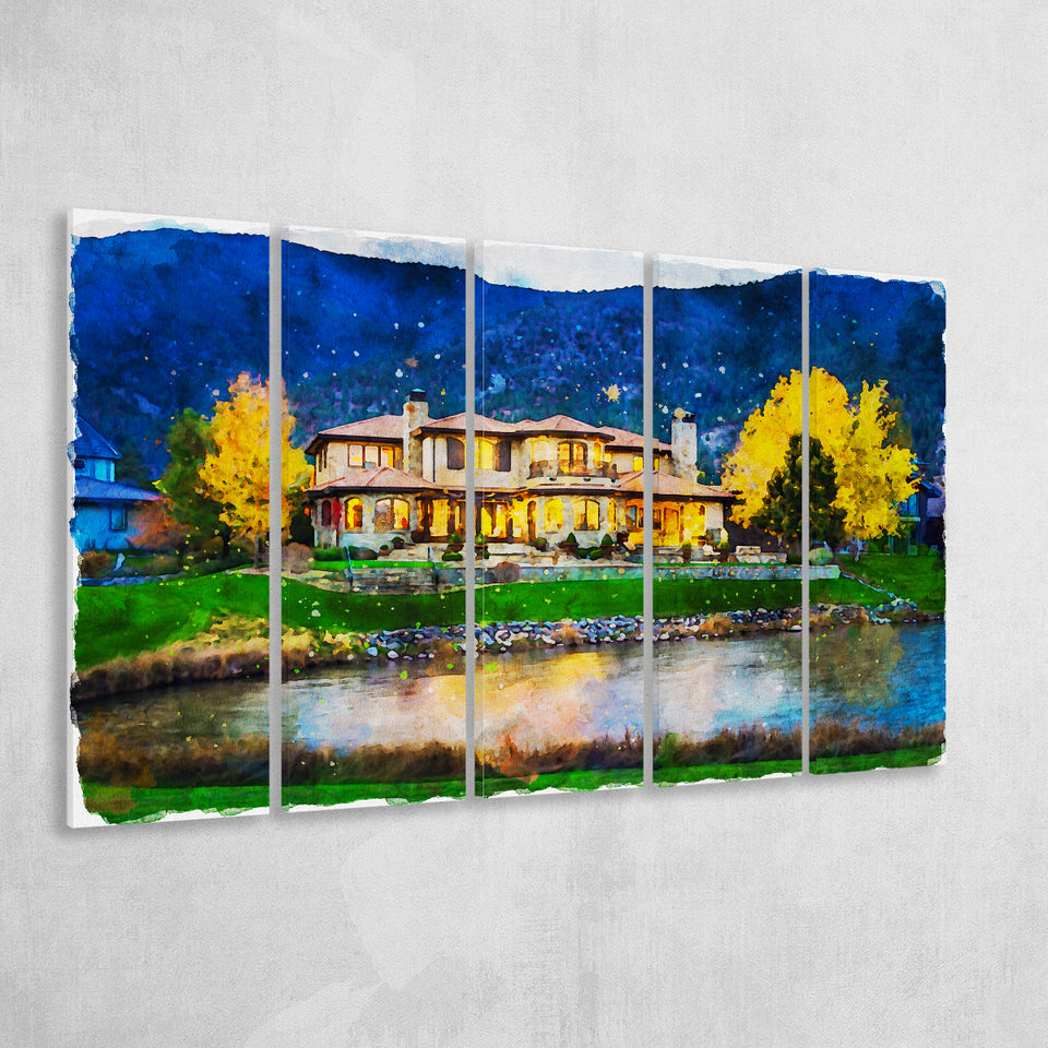 Watercolor Genoa Lakes Ranch Golf Course Light Night, Golf Art Print, Extra Large 5 Panel, Canvas Prints Wall Art