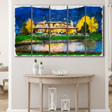 Watercolor Genoa Lakes Ranch Golf Course Light Night, Golf Art Print, Extra Large 5 Panel, Canvas Prints Wall Art