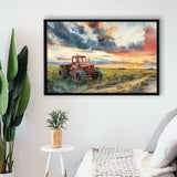 Watercolor Old Tractor And Pastel Clouds Painting, Floating Frame, Framed Canvas Print Wall Art Home Decor