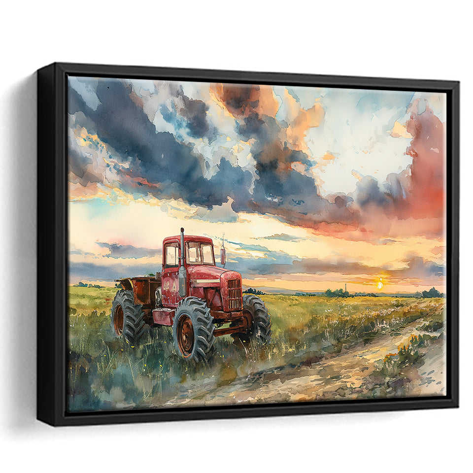Watercolor Old Tractor And Pastel Clouds Painting, Floating Frame, Framed Canvas Print Wall Art Home Decor