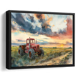 Watercolor Old Tractor And Pastel Clouds Painting, Floating Frame, Framed Canvas Print Wall Art Home Decor