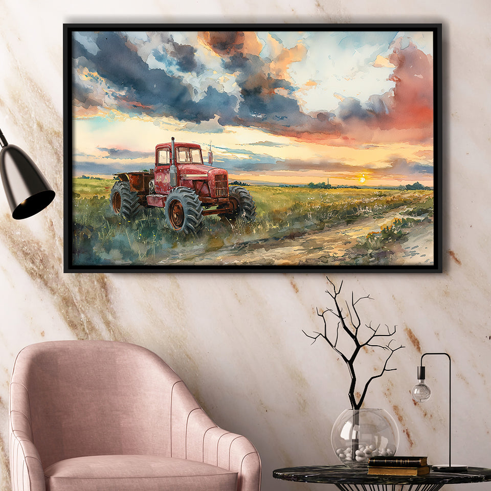 Watercolor Old Tractor And Pastel Clouds Painting, Floating Frame, Framed Canvas Print Wall Art Home Decor
