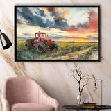 Watercolor Old Tractor And Pastel Clouds Painting, Floating Frame, Framed Canvas Print Wall Art Home Decor