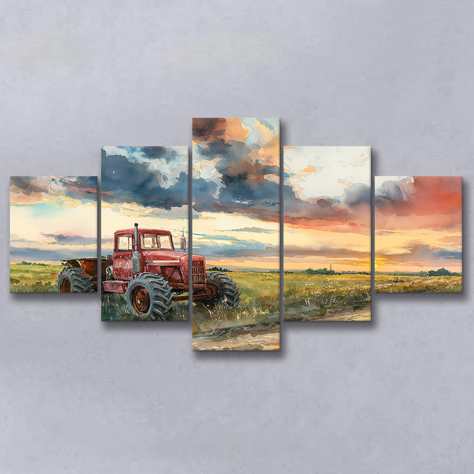 Watercolor Old Tractor And Pastel Clouds Painting, Multi Panel,Mixed Canvas Print Wall Art Decor