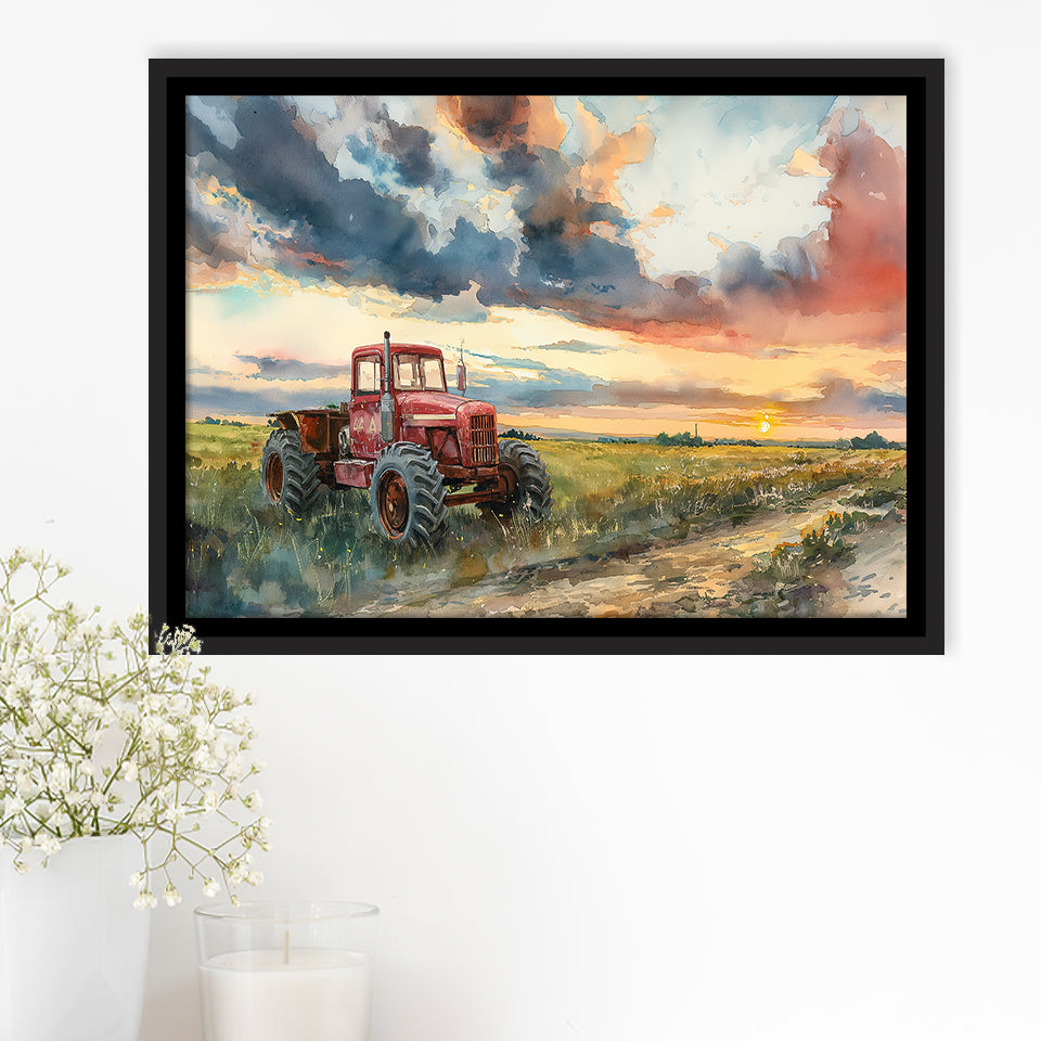 Watercolor Old Tractor And Pastel Clouds Painting, Floating Frame, Framed Canvas Print Wall Art Home Decor