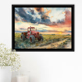 Watercolor Old Tractor And Pastel Clouds Painting, Floating Frame, Framed Canvas Print Wall Art Home Decor