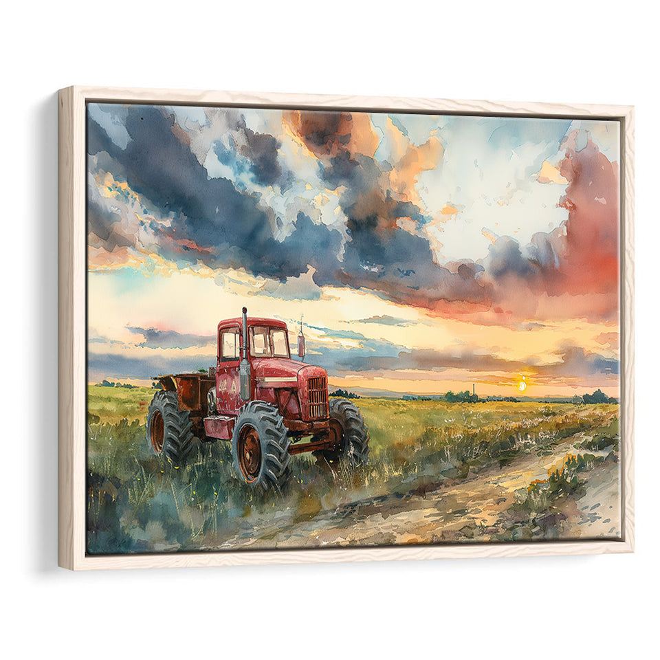 Watercolor Old Tractor And Pastel Clouds Painting, Floating Frame, Framed Canvas Print Wall Art Home Decor