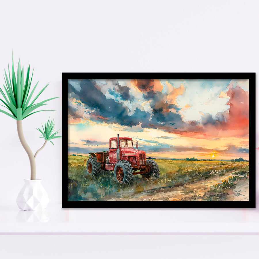 Watercolor Old Tractor And Pastel Clouds Painting, Painting Art, Framed Art Print Wall Art Home Decor