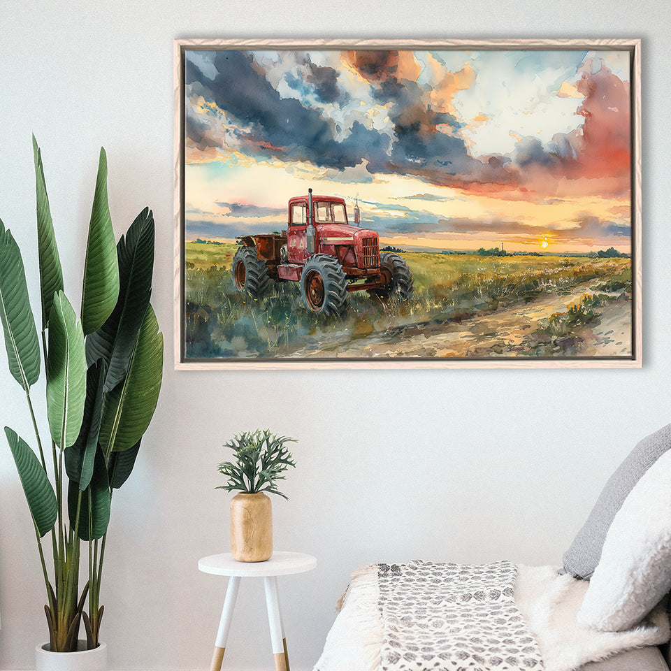 Watercolor Old Tractor And Pastel Clouds Painting, Floating Frame, Framed Canvas Print Wall Art Home Decor