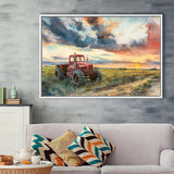 Watercolor Old Tractor And Pastel Clouds Painting, Floating Frame, Framed Canvas Print Wall Art Home Decor