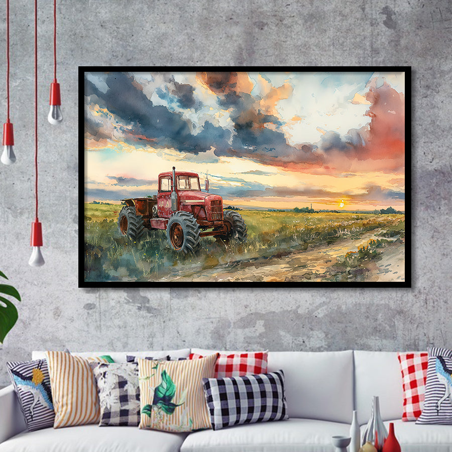 Watercolor Old Tractor And Pastel Clouds Painting, Painting Art, Framed Art Print Wall Art Home Decor