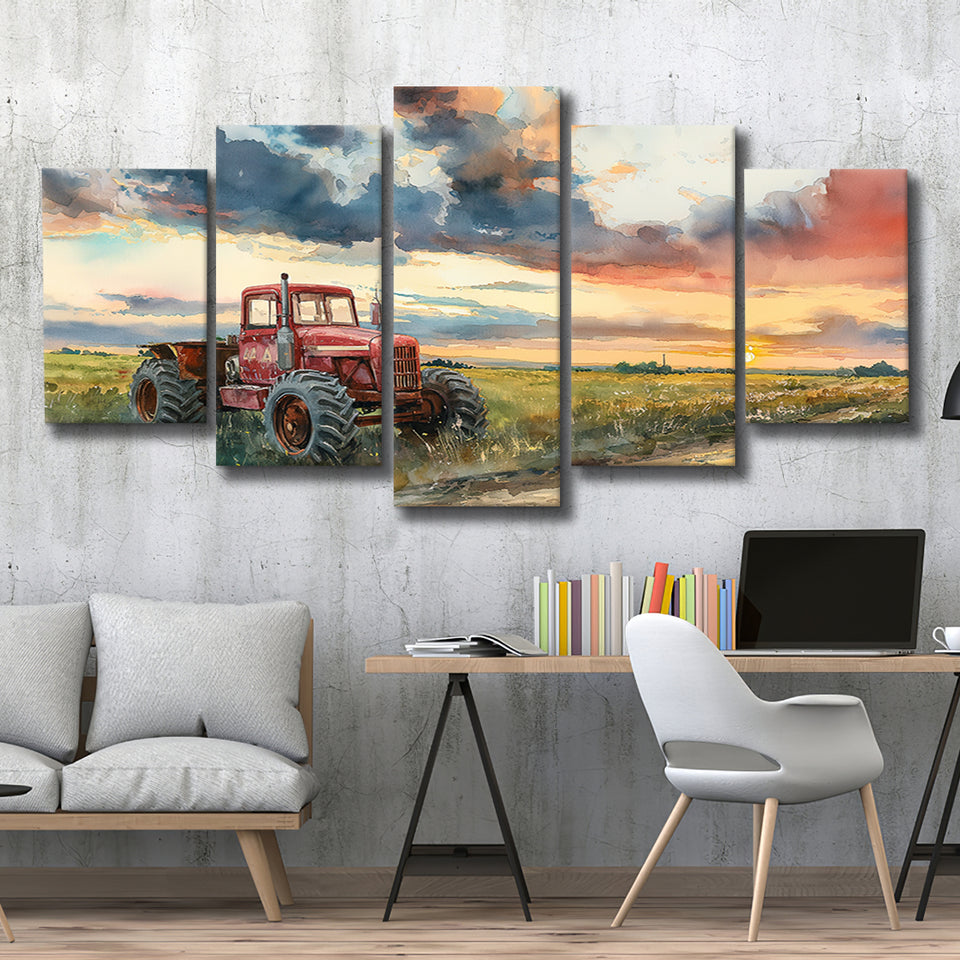 Watercolor Old Tractor And Pastel Clouds Painting, Multi Panel,Mixed Canvas Print Wall Art Decor