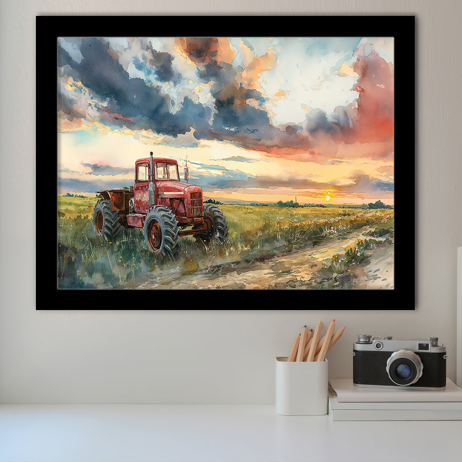 Watercolor Old Tractor And Pastel Clouds Painting, Painting Art, Framed Art Print Wall Art Home Decor